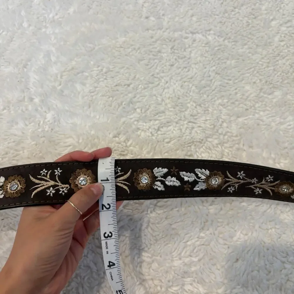 Womens Brown Leather Western Belt L/XL Rhinestone Studded Floral Buckle Cowgirl